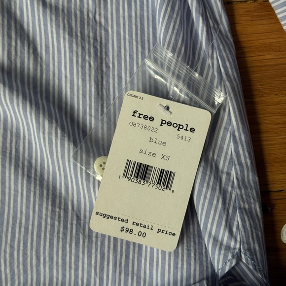 Free People Blue Striped Button Down Shirt with Bow Detailing on Back - Picture 5 of 8